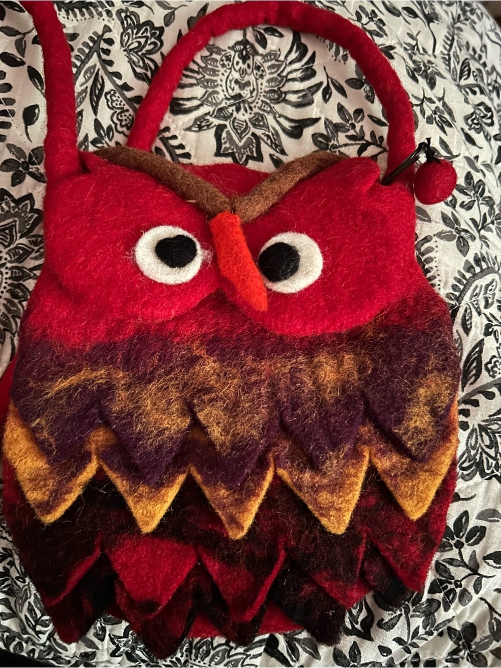 Red Felt Owl Crossbody Bag with Multicolor Feather Detail